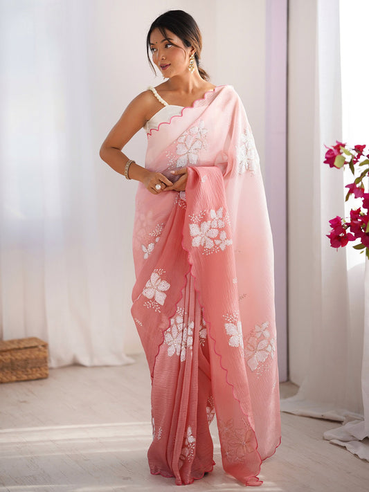 Pink Peach Party Wear Tissue Embellished Saree