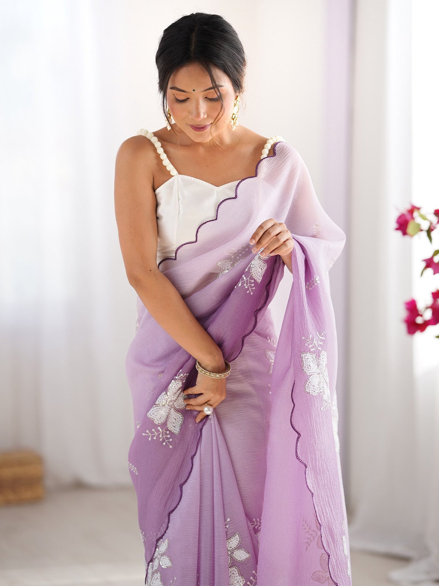 Purple Party Wear Tissue Embellished Saree