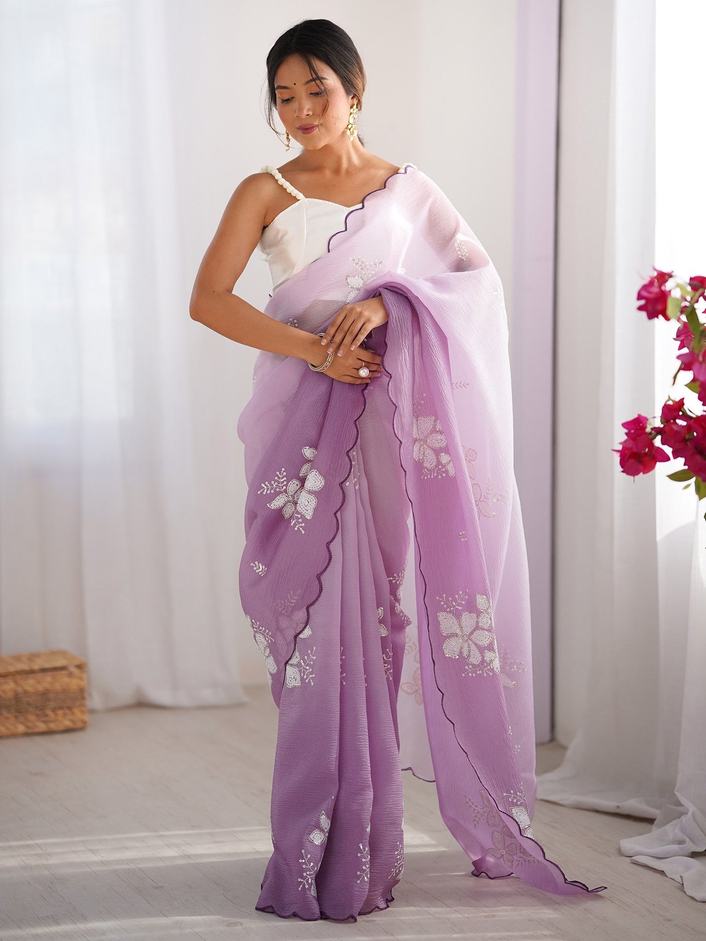 Purple Purple Party Wear Tissue Embellished Saree