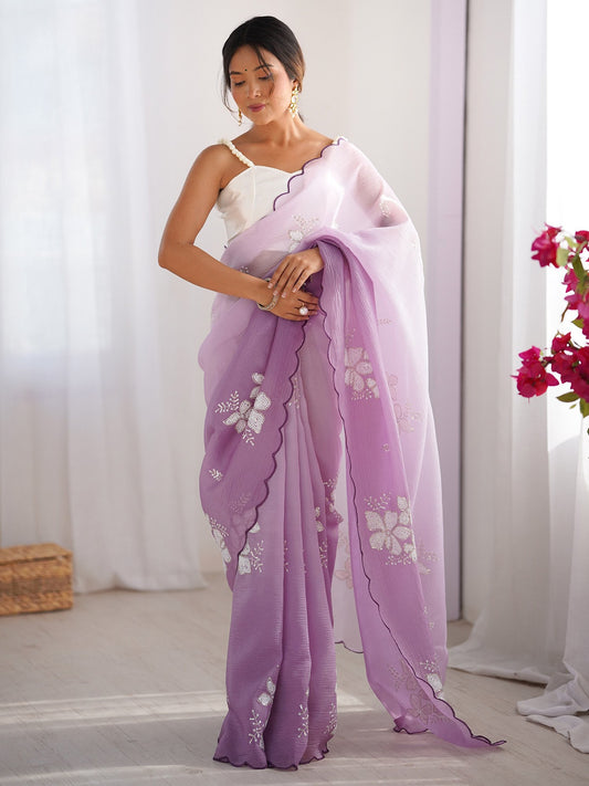 Purple Purple Party Wear Tissue Embellished Saree