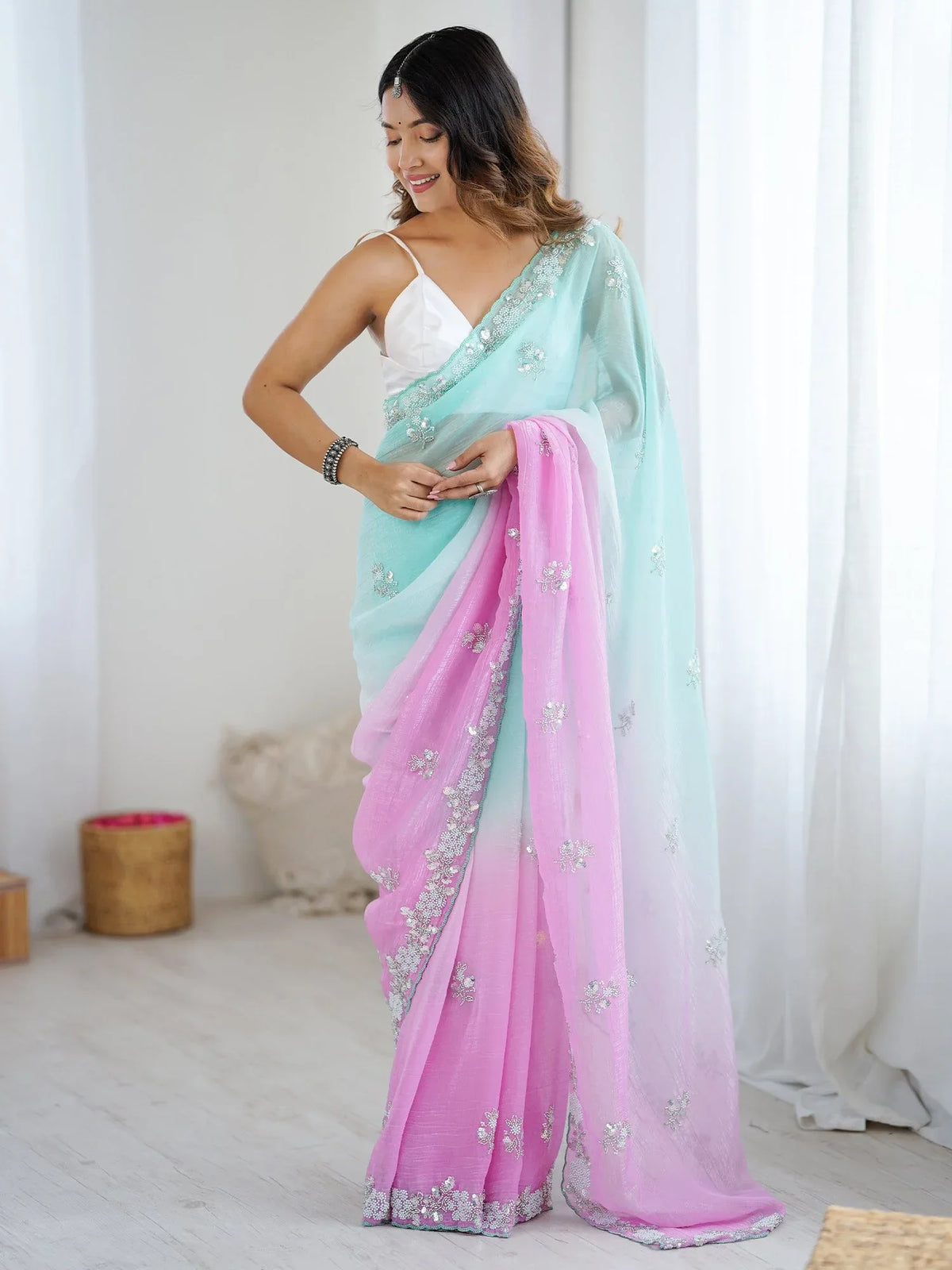 Light Party Wear Chiffon Embellished Saree - The Dori Store