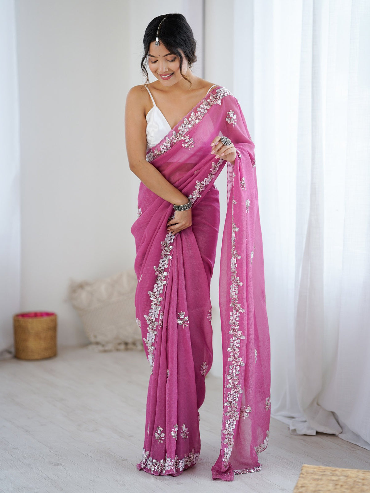 Pink Pink Party Wear Chiffon Embellished Saree