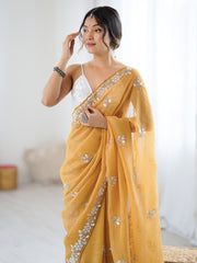 Mustard Party Wear Chiffon Embellished Saree