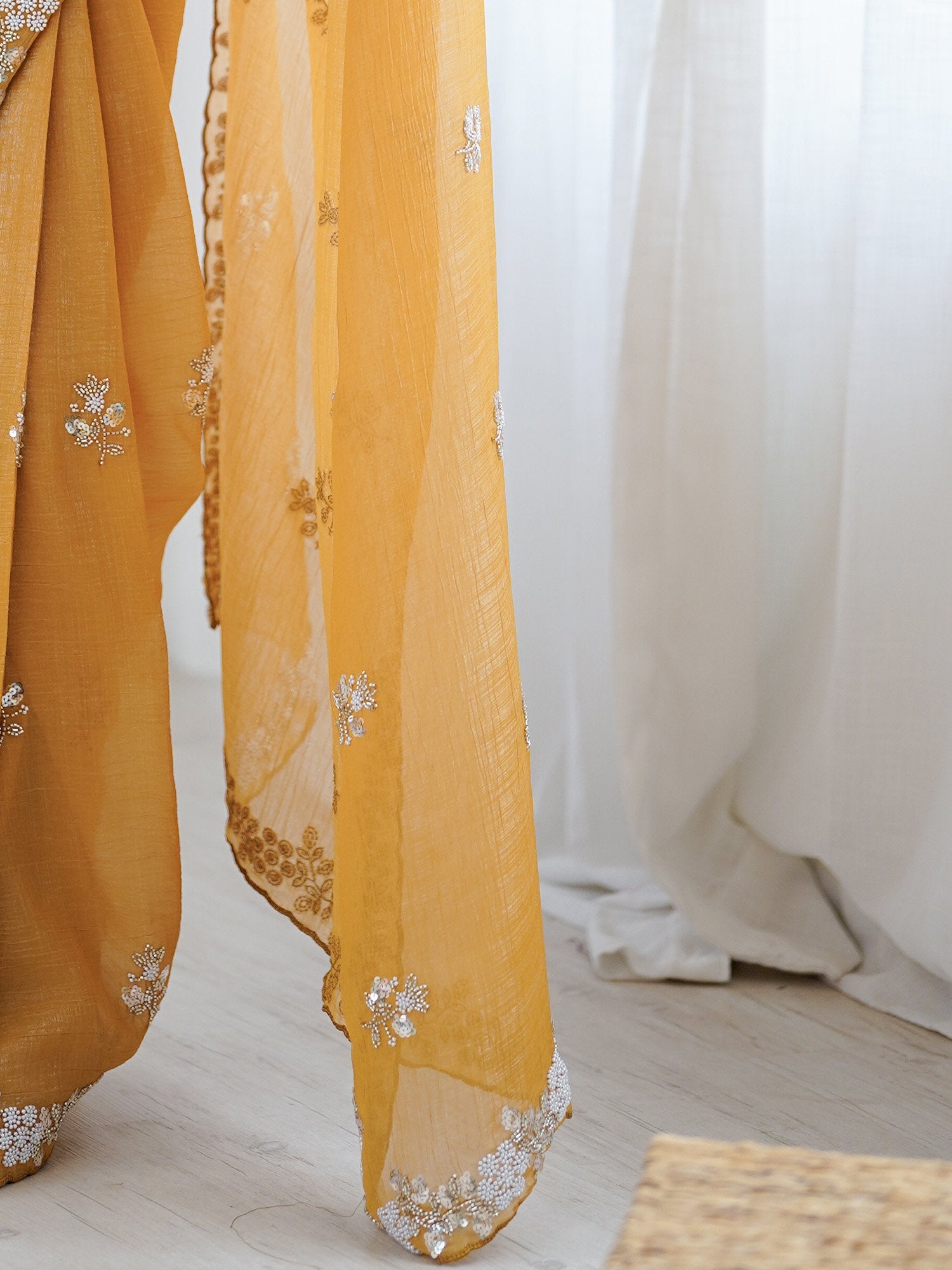 Mustard Party Wear Chiffon Embellished Saree