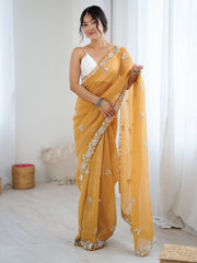 Yellow Mustard Party Wear Chiffon Embellished Saree