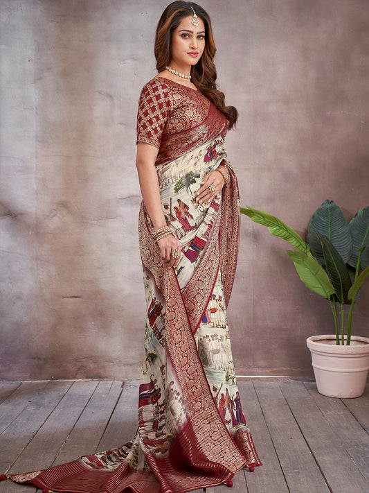 Cream Cream Sungudi Viscose Digital Print Saree