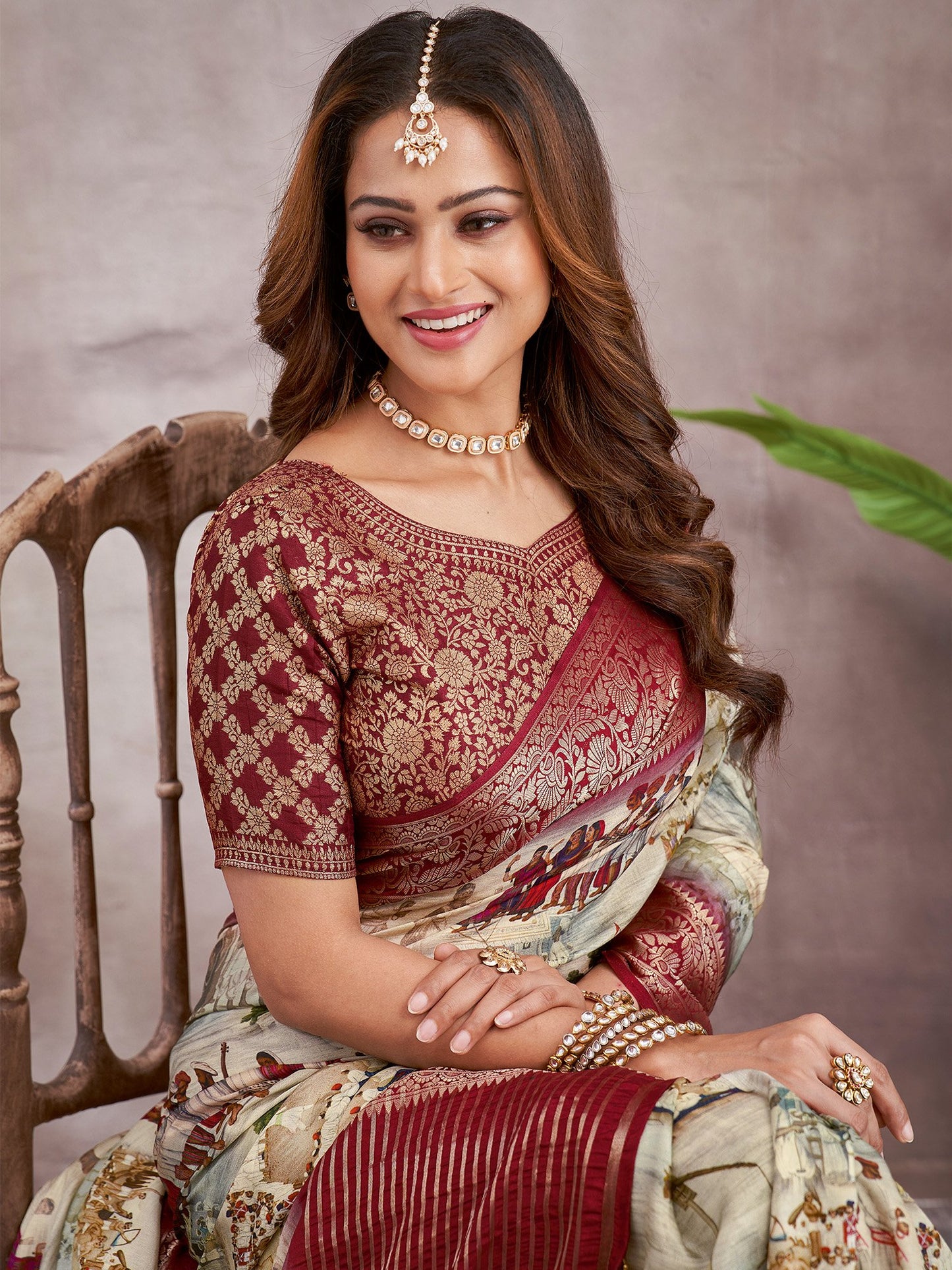 Cream Sungudi Viscose Digital Print Saree