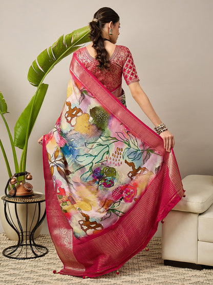 Pink Sungudi Viscose Digital Print Saree
