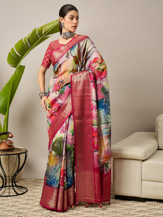 Pink Pink Sungudi Viscose Digital Print Saree
