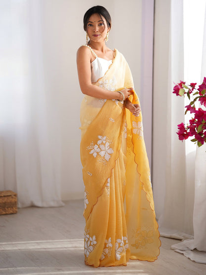 Mustard Party Wear Tissue Embellished Saree