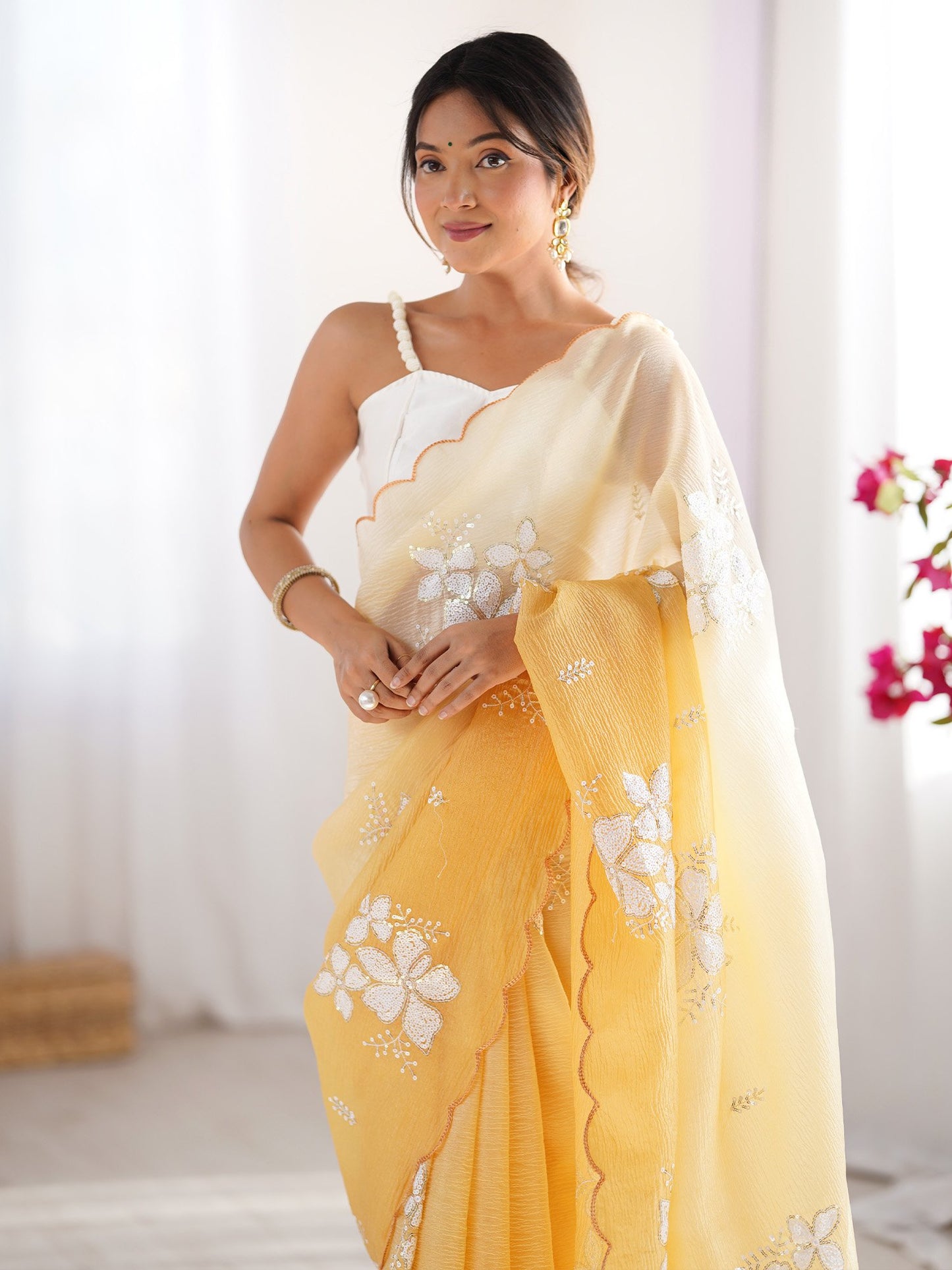 Mustard Party Wear Tissue Embellished Saree