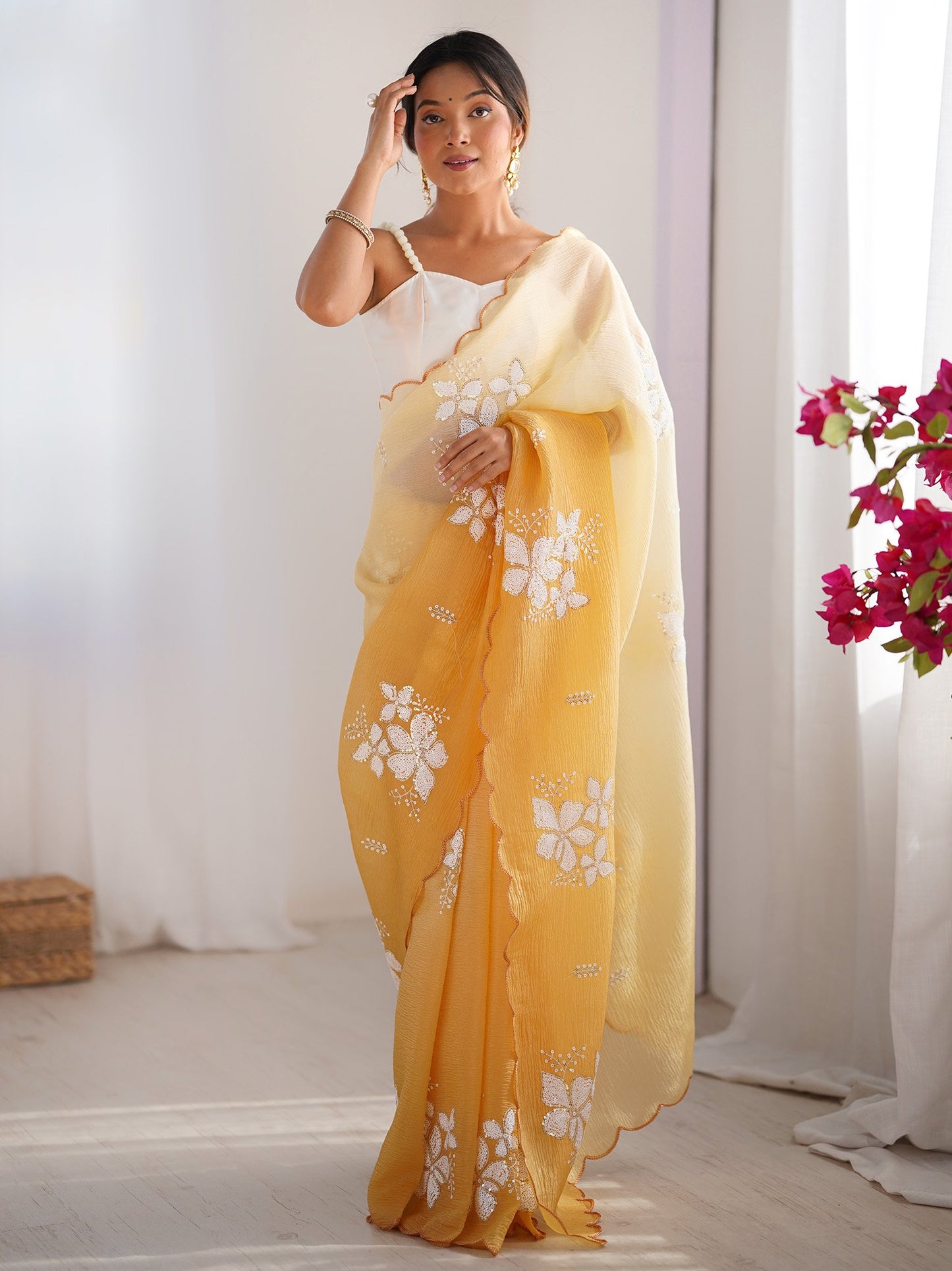 Yellow Mustard Party Wear Tissue Embellished Saree