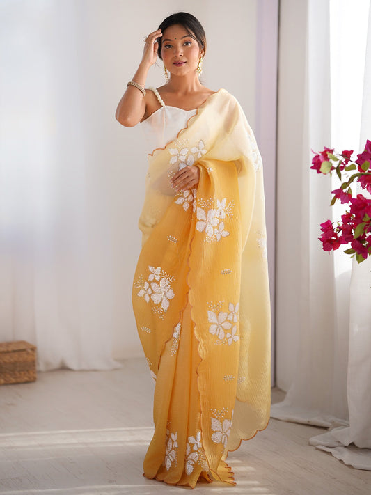 Yellow Mustard Party Wear Tissue Embellished Saree