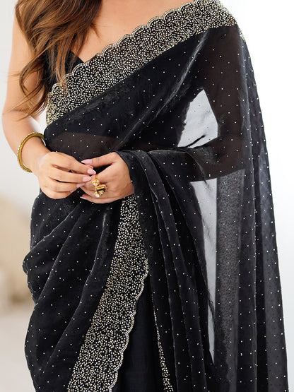 Black Party Wear Satin Embellished Saree