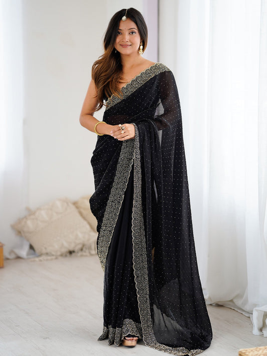 Black Black Party Wear Satin Embellished Saree