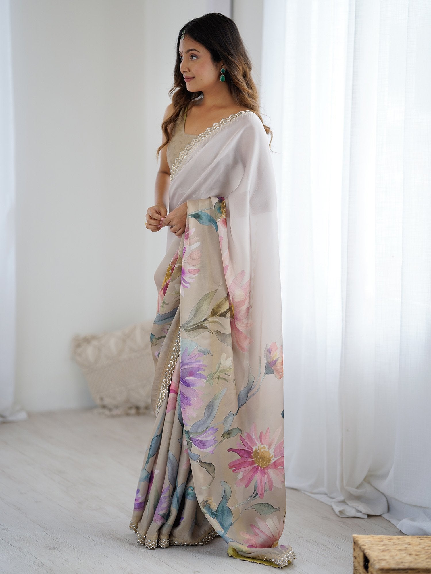 Beige Party Wear Georgette Printed Saree