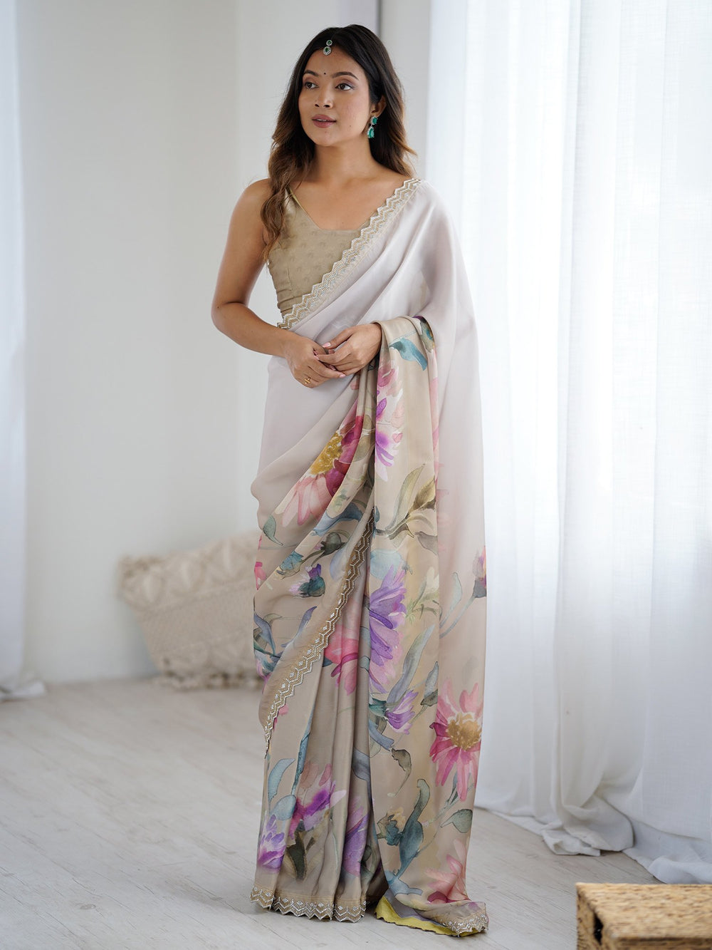 Grey Beige Party Wear Georgette Printed Saree
