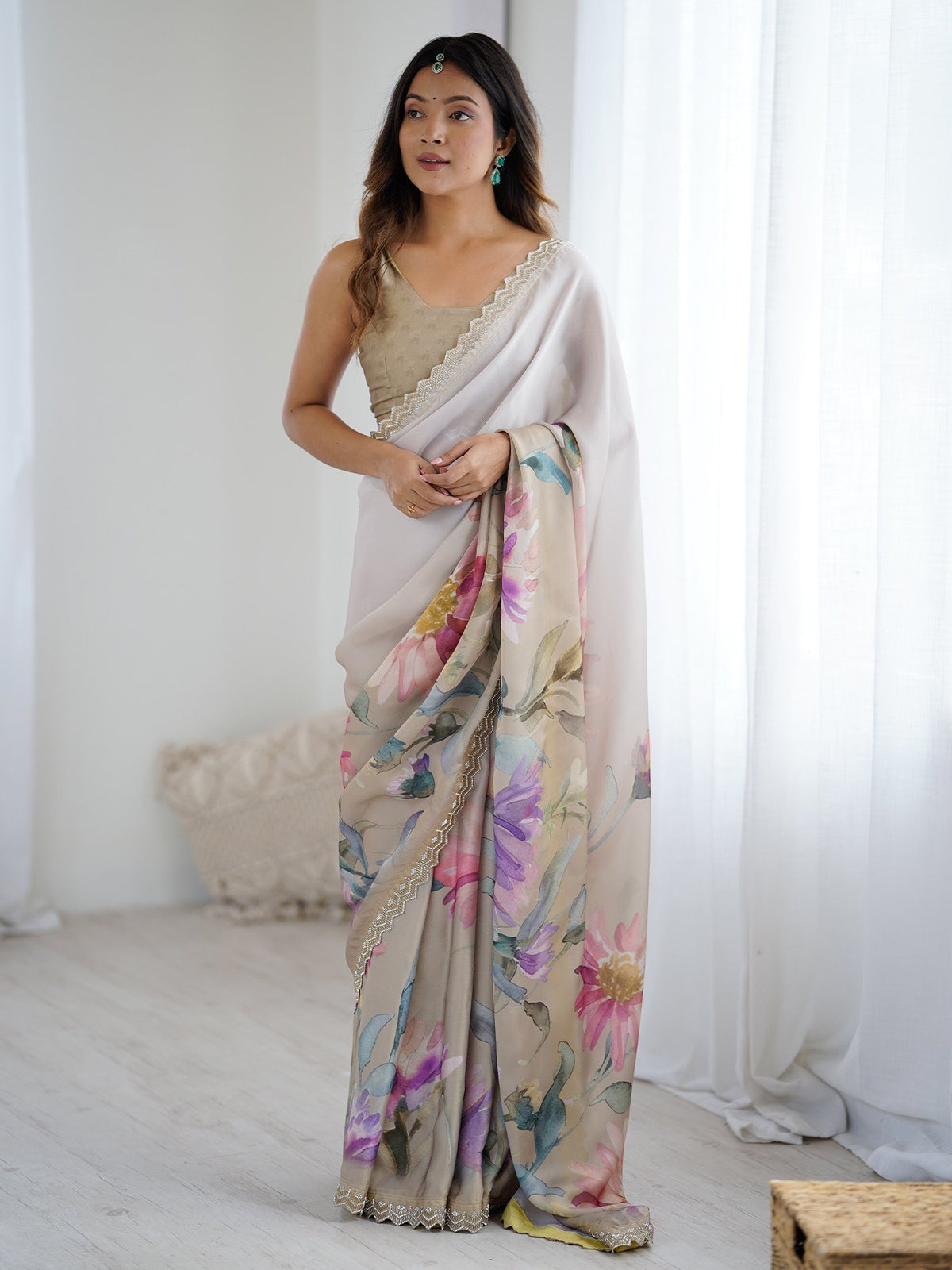 Grey Beige Party Wear Georgette Printed Saree