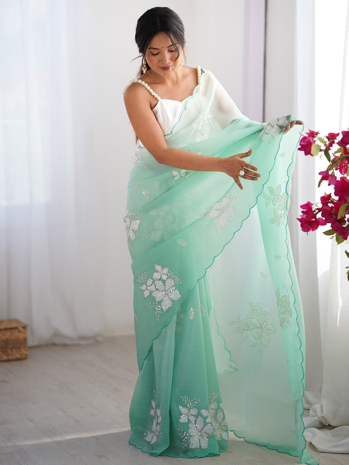 Sea Party Wear Tissue Embellished Saree