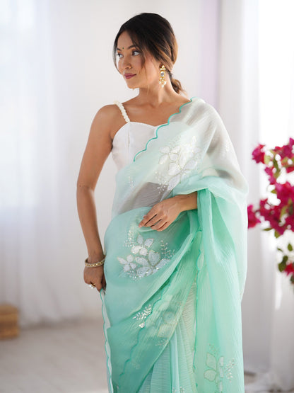Sea Party Wear Tissue Embellished Saree
