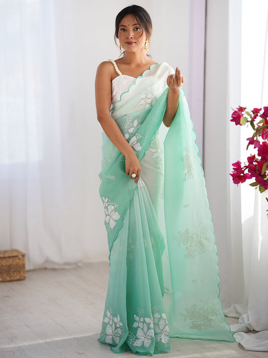 Green Sea Party Wear Tissue Embellished Saree