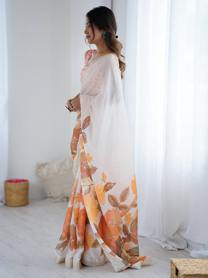 White Party Wear Chiffon Printed Saree