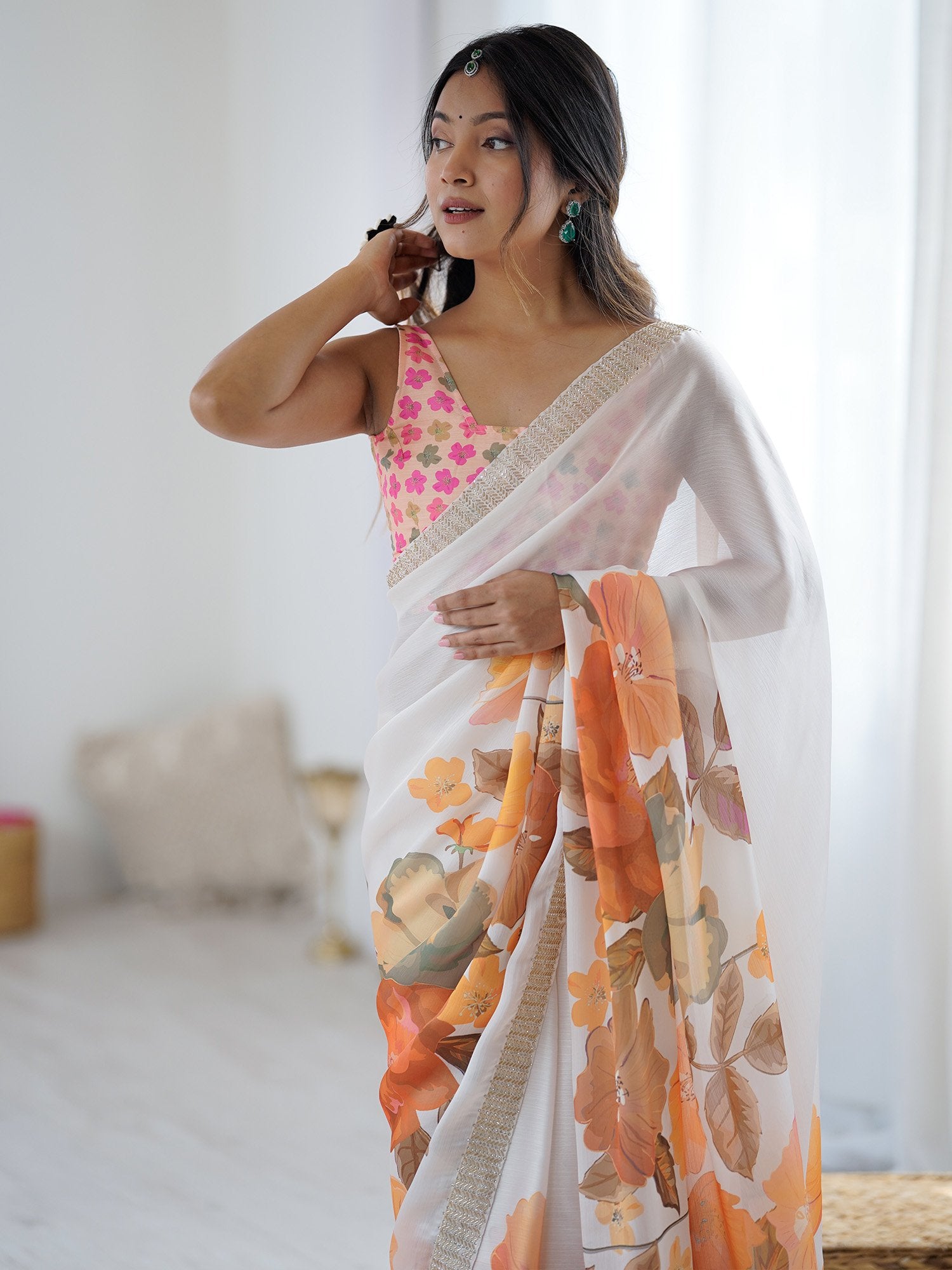 White Party Wear Chiffon Printed Saree