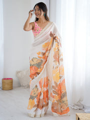 White White Party Wear Chiffon Printed Saree
