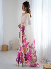 White Party Wear Chiffon Printed Saree