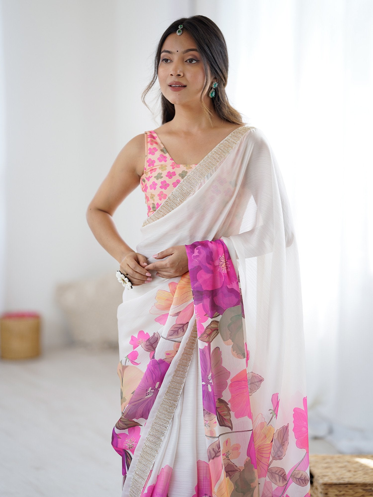 White Party Wear Chiffon Printed Saree