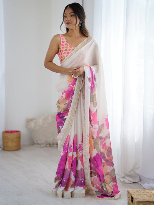 White White Party Wear Chiffon Printed Saree