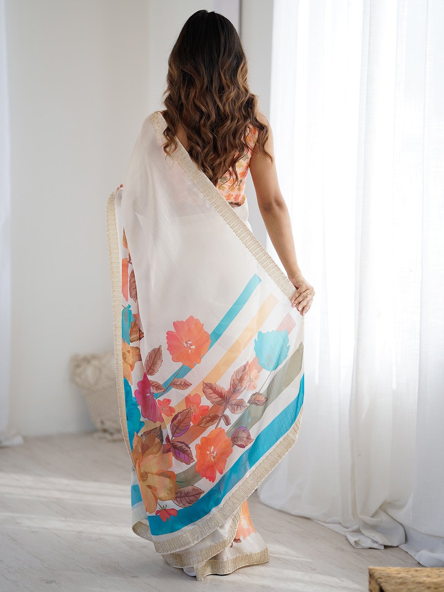 White Party Wear Chiffon Printed Saree