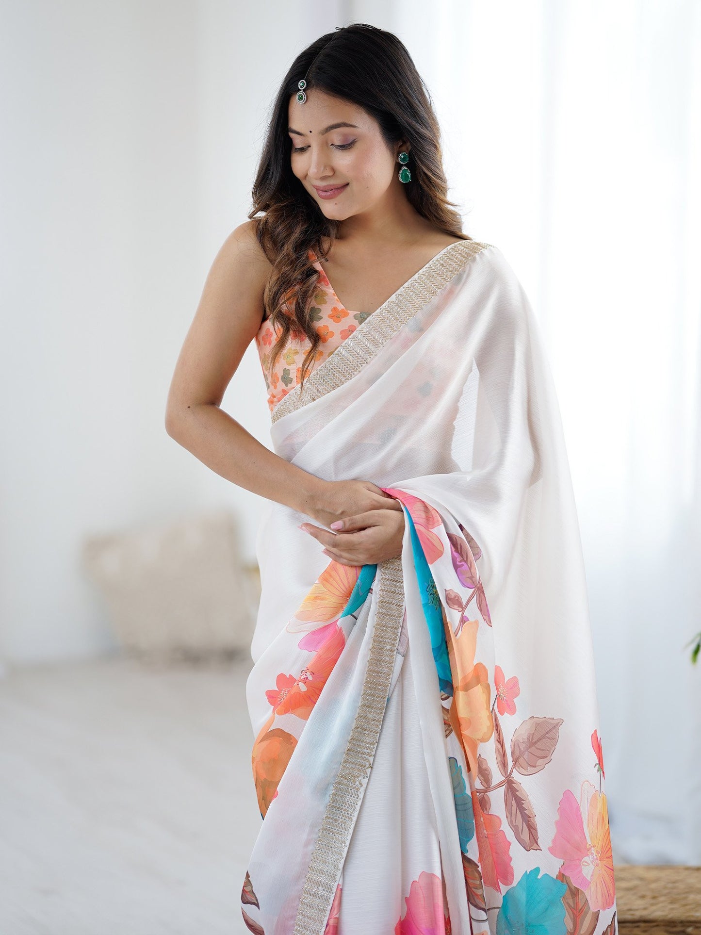 White Party Wear Chiffon Printed Saree
