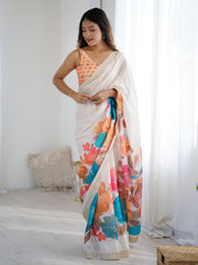 White White Party Wear Chiffon Printed Saree