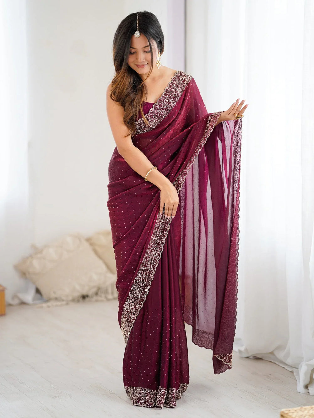 Purple Burgundy Party Wear Satin Embellished Saree