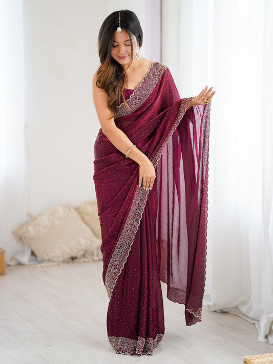 Purple Burgundy Party Wear Satin Embellished Saree