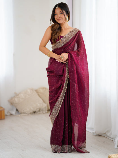 Burgundy Party Wear Satin Embellished Saree