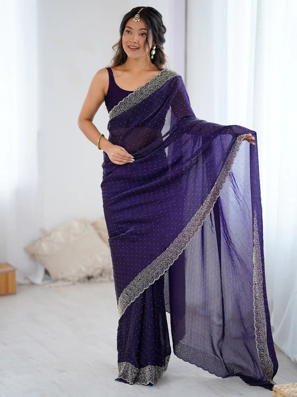 Purple Purple Party Wear Satin Embellished Saree