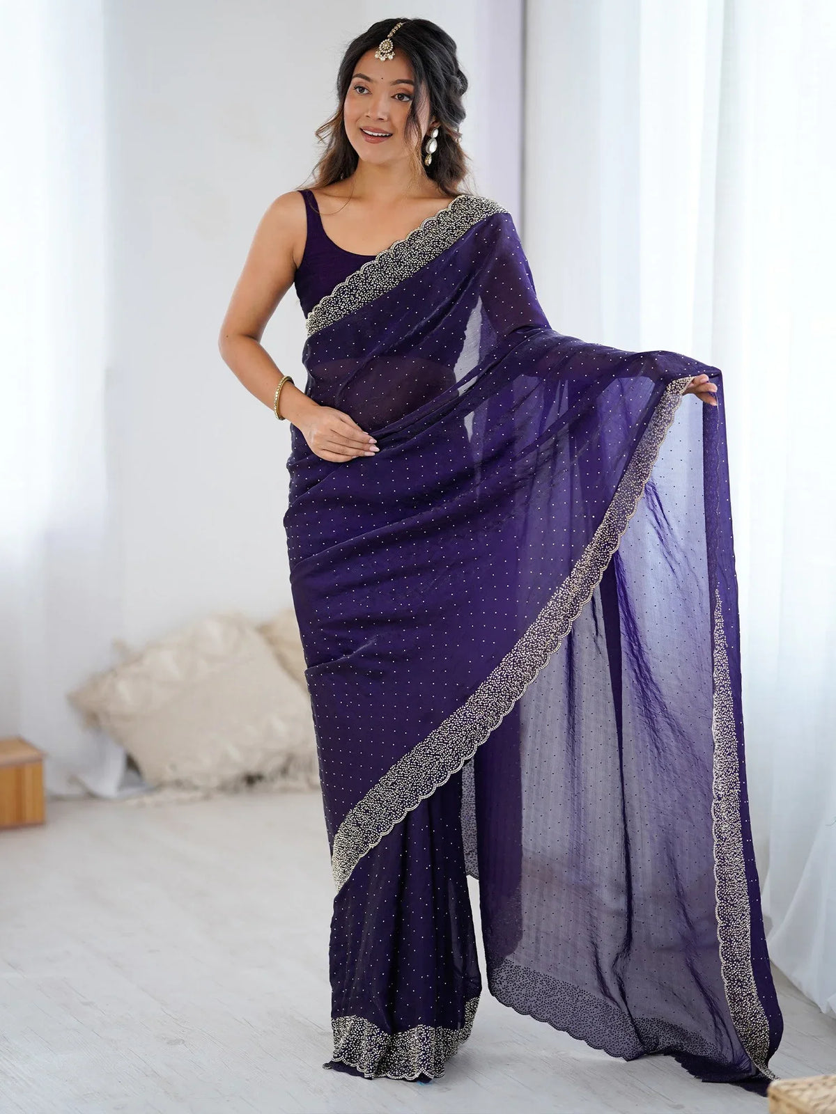 Purple Purple Party Wear Satin Embellished Saree