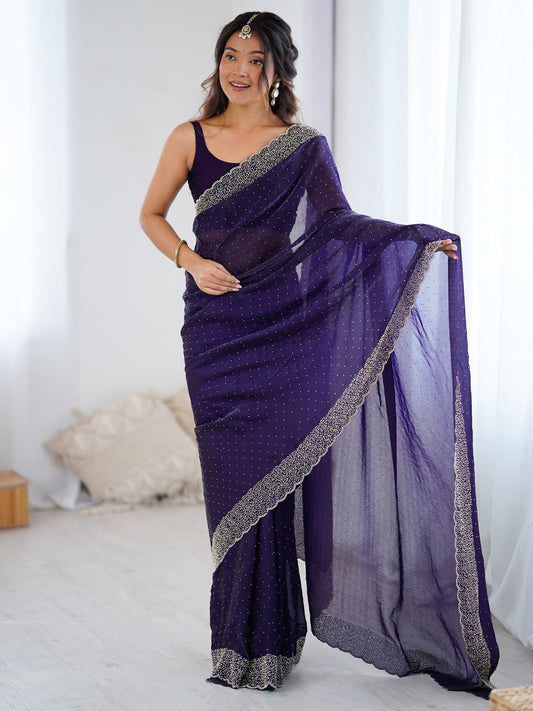 Purple Purple Party Wear Satin Embellished Saree
