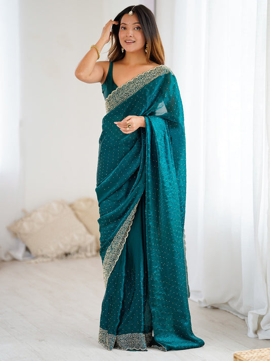 Blue Teal Party Wear Satin Embellished Saree