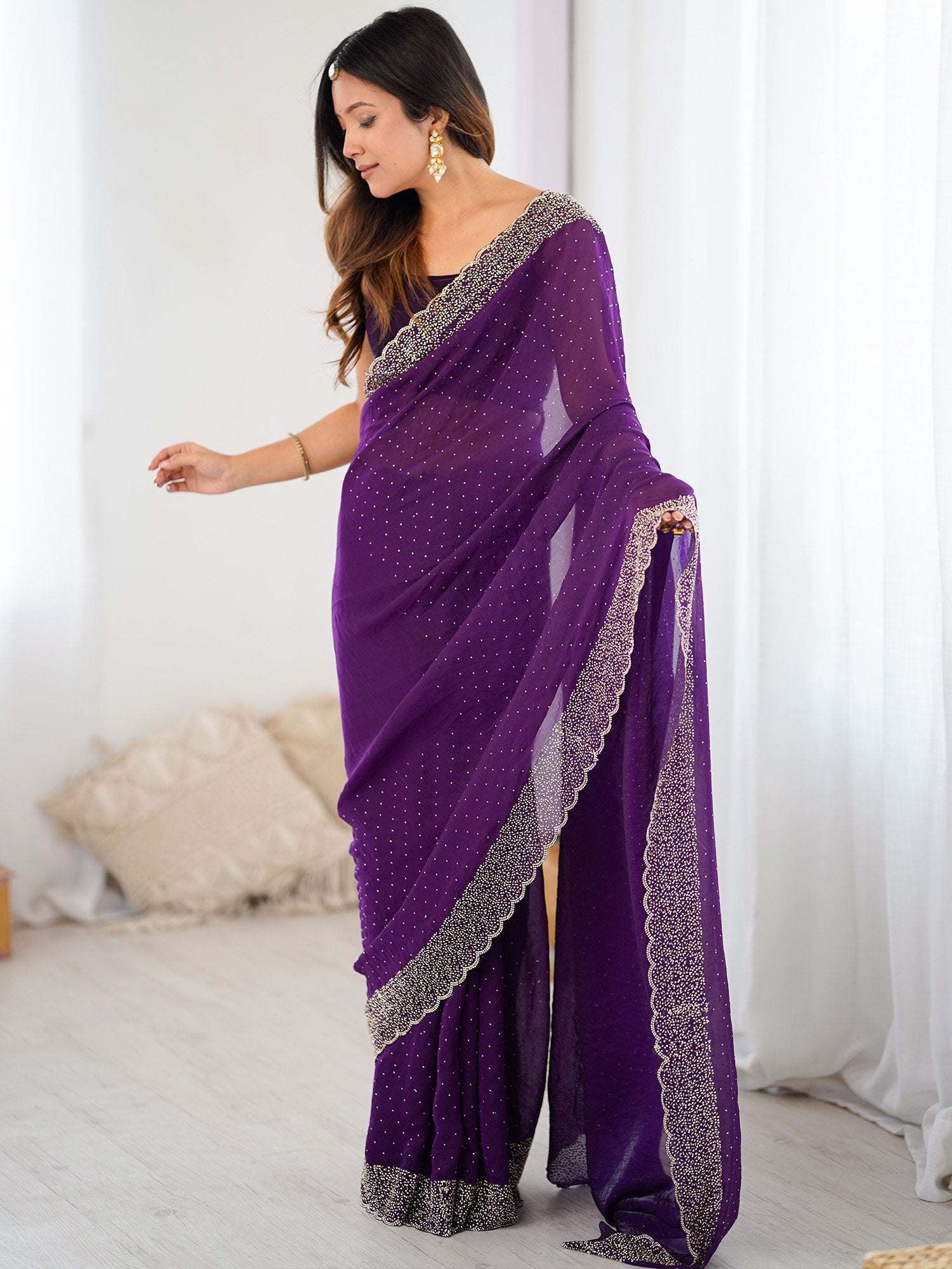 Violet Party Wear Satin Embellished Saree
