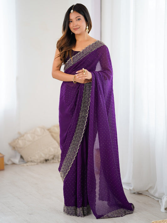 Purple  Violet Party Wear Satin Embellished Saree