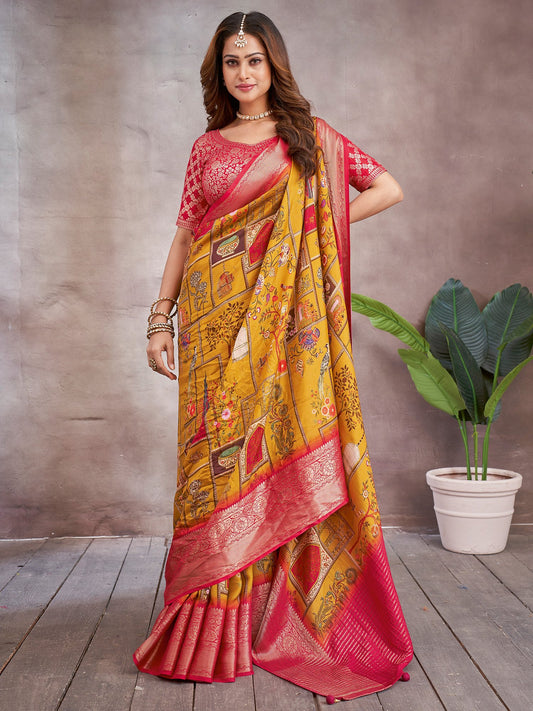 Yellow Mustard Sungudi Viscose Digital Print Saree