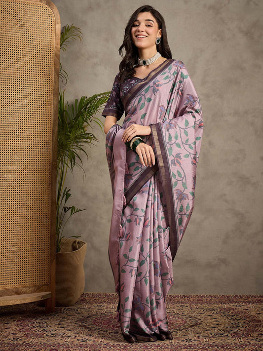 Purple Purple Tussar Manipuri Silk Printed Saree