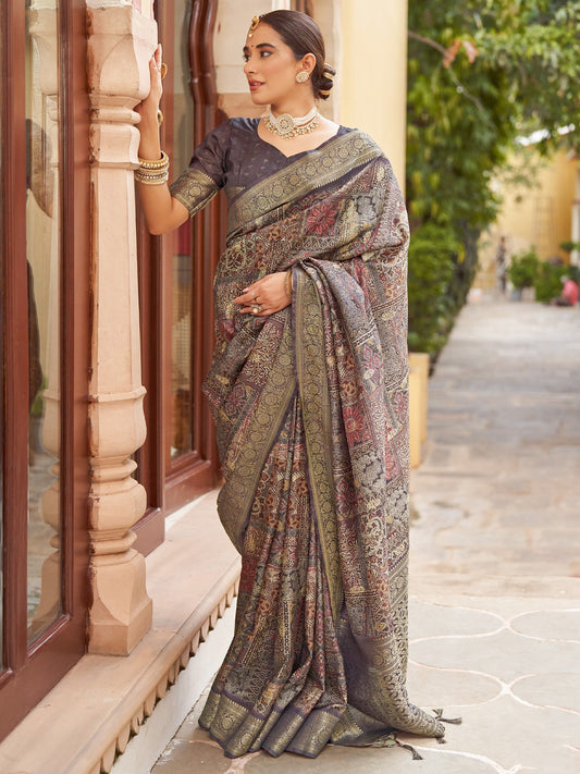 Grey Violet Sungudi Silk Blend Woven Saree