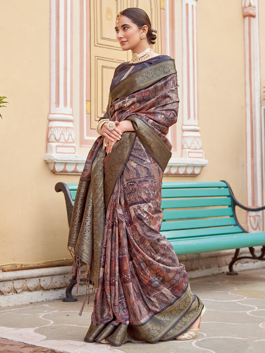 Brown Brown Sungudi Silk Blend Woven Saree