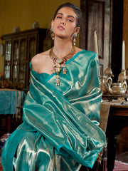 Teal Blue Banarasi Kanjeevaram Silk Woven Saree