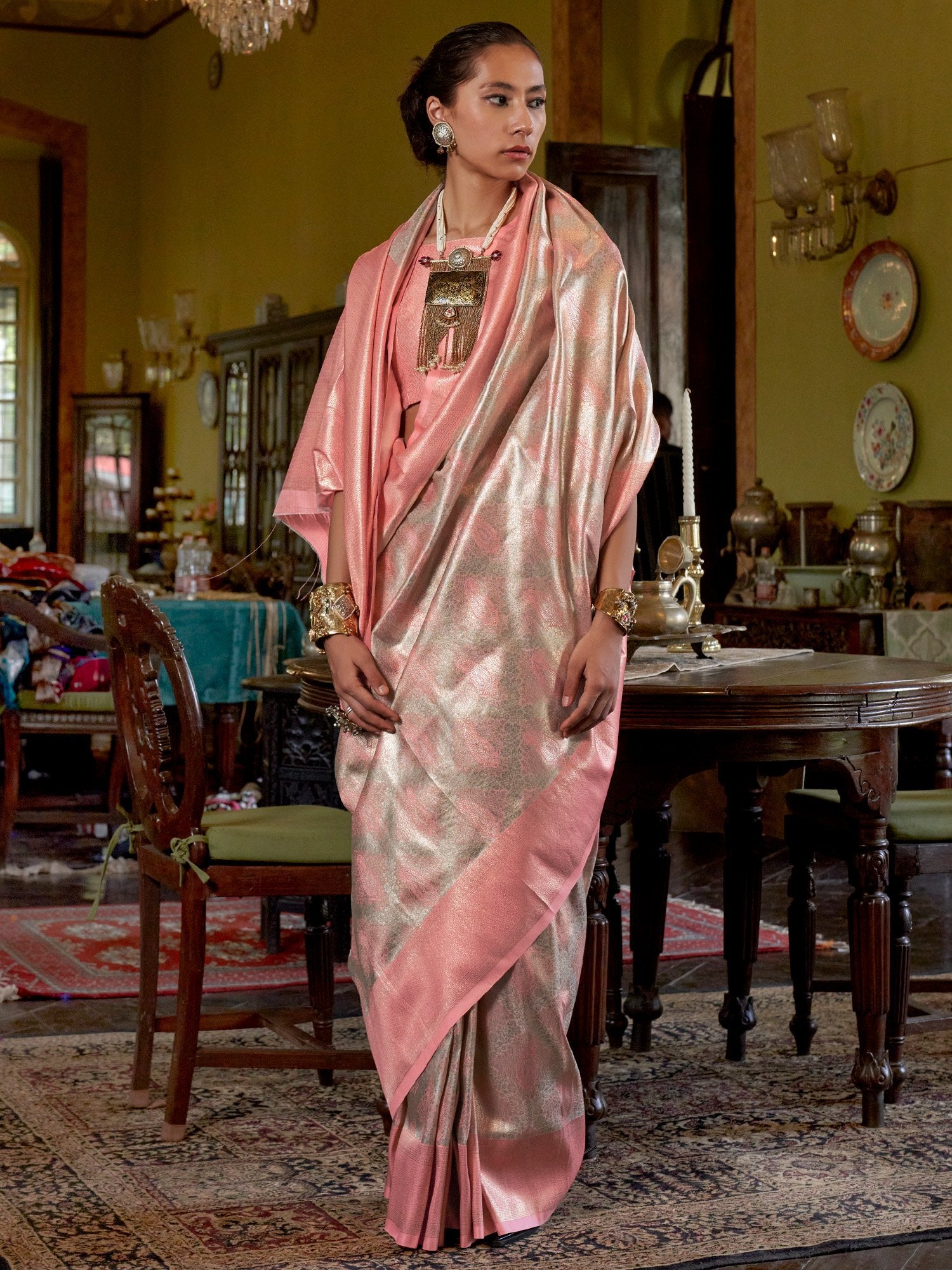 Pink Peach Banarasi Kanjeevaram Silk Woven Saree