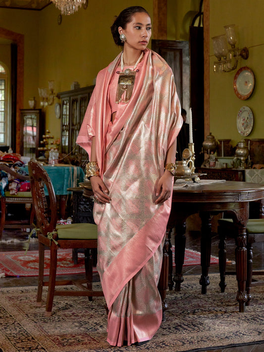 Pink Peach Banarasi Kanjeevaram Silk Woven Saree